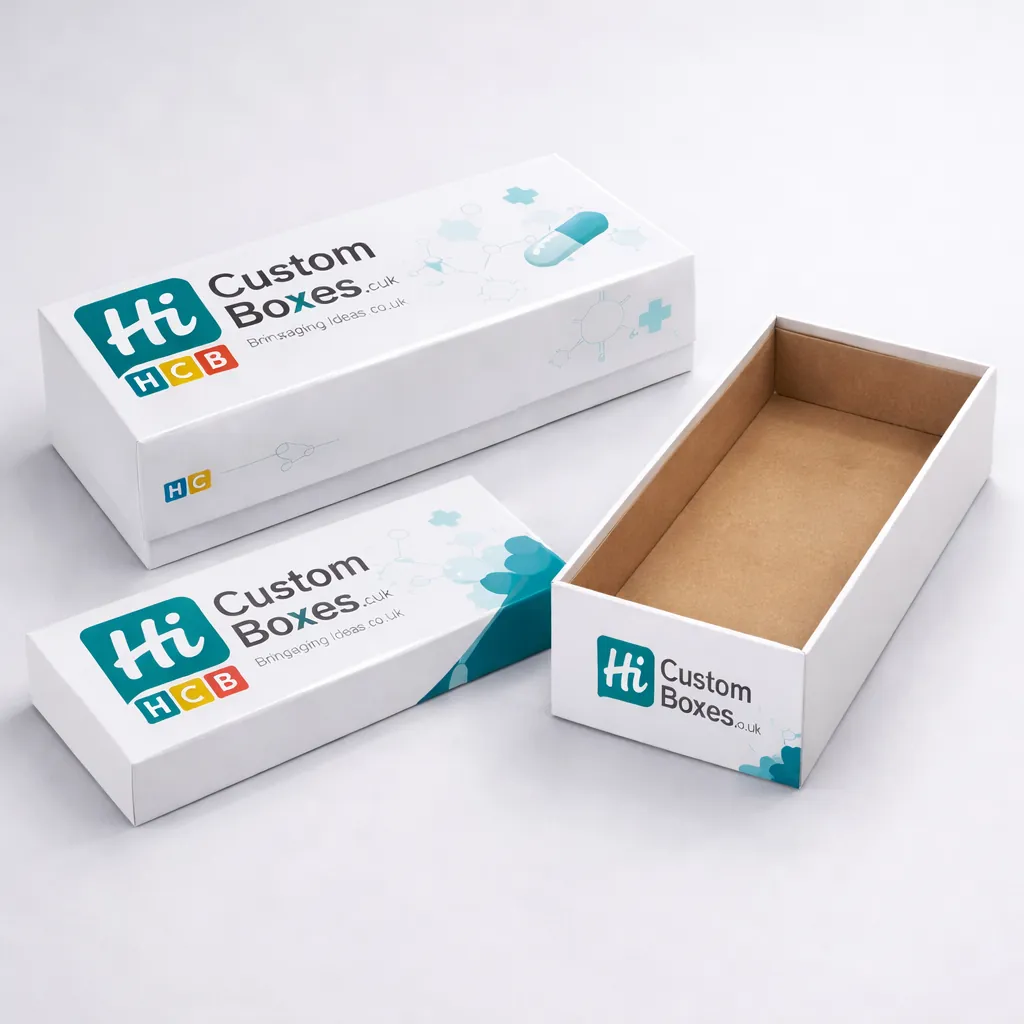 Two medicine boxes, one plain white and one teal featuring 